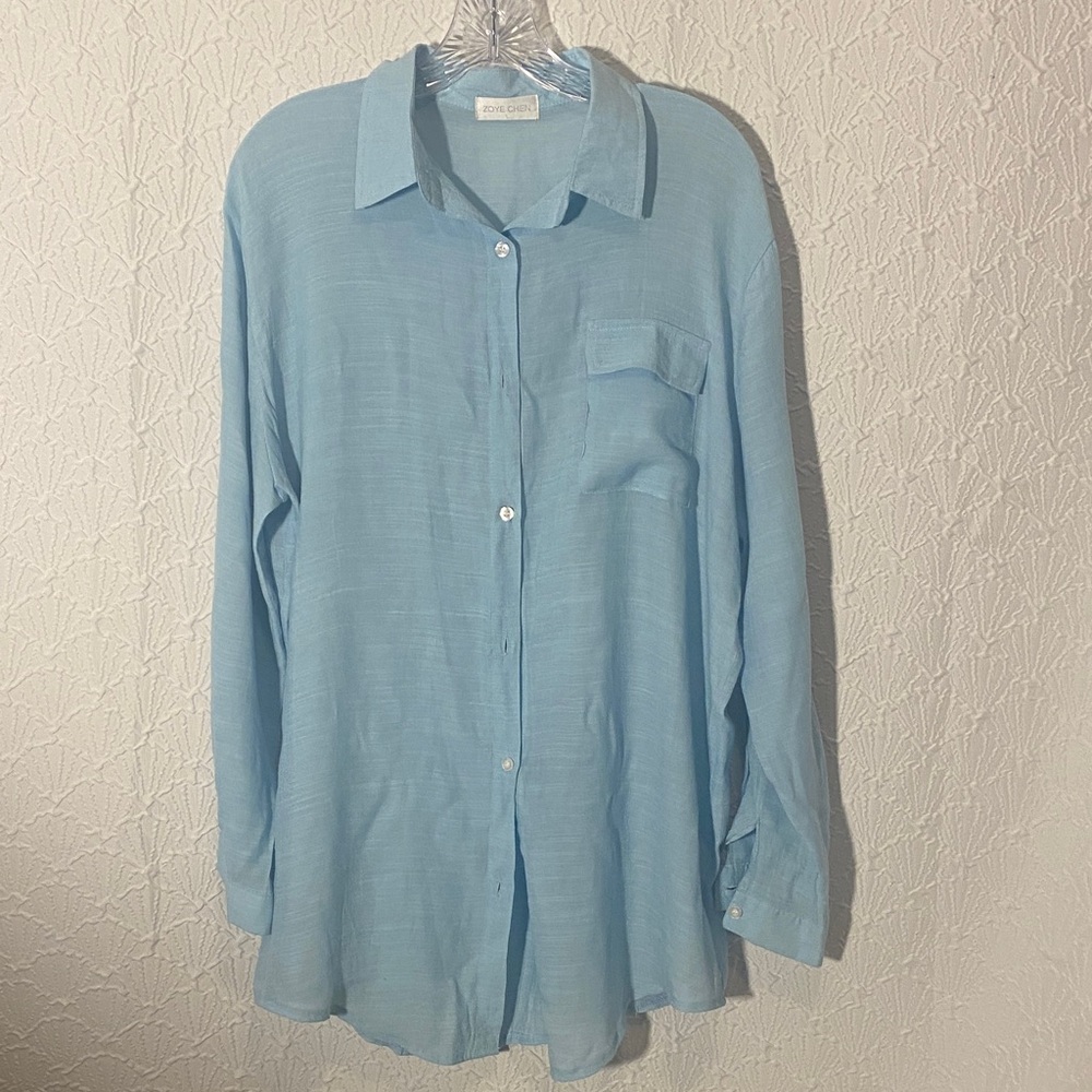 Light Blue Casual Button Down Shirt Lightweight Airy Vaporous Casual Beach